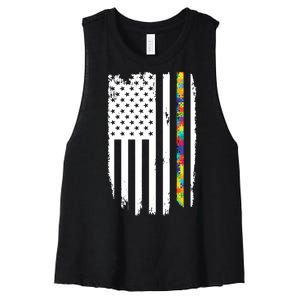 Distress Thin Puzzle Line Autism Awareness Tribute Flag Women's Racerback Cropped Tank