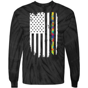 Distress Thin Puzzle Line Autism Awareness Tribute Flag Tie-Dye Long Sleeve Shirt