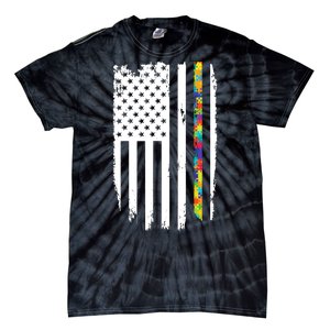 Distress Thin Puzzle Line Autism Awareness Tribute Flag Tie-Dye T-Shirt