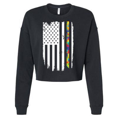 Distress Thin Puzzle Line Autism Awareness Tribute Flag Cropped Pullover Crew
