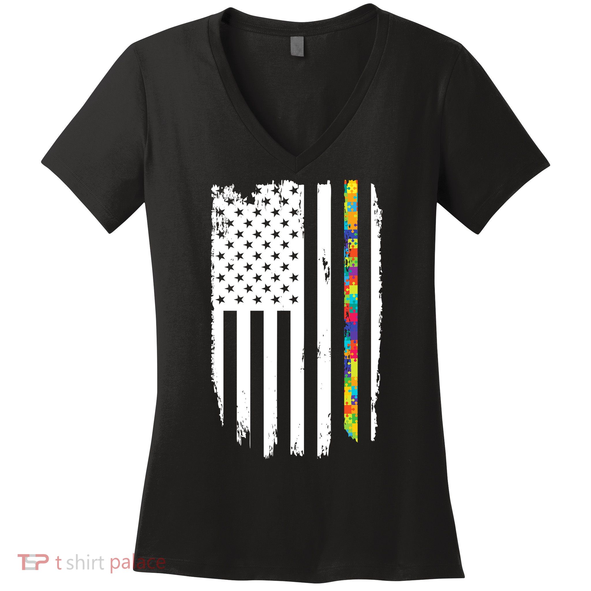 Distress Thin Puzzle Line Autism Awareness Tribute Flag Women's V-Neck T-Shirt