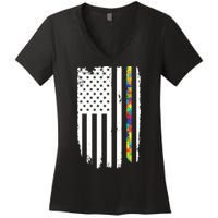 Distress Thin Puzzle Line Autism Awareness Tribute Flag Women's V-Neck T-Shirt