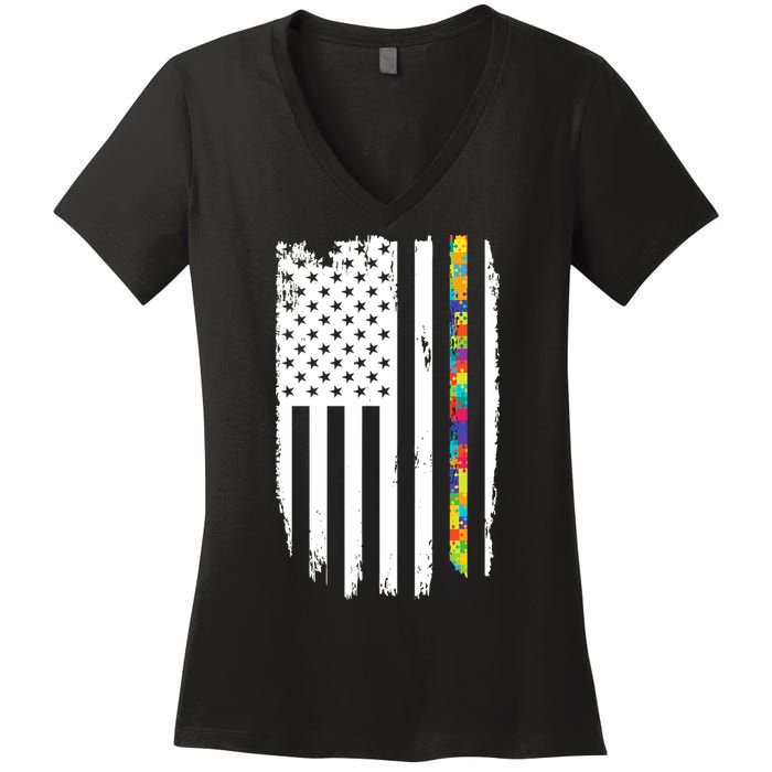 Distress Thin Puzzle Line Autism Awareness Tribute Flag Women's V-Neck T-Shirt