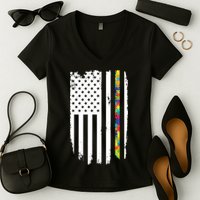 Distress Thin Puzzle Line Autism Awareness Tribute Flag Women's V-Neck T-Shirt