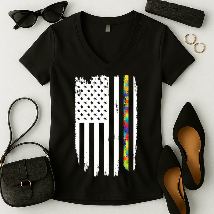 Distress Thin Puzzle Line Autism Awareness Tribute Flag Women's V-Neck T-Shirt