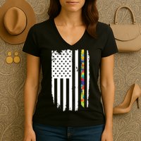 Distress Thin Puzzle Line Autism Awareness Tribute Flag Women's V-Neck T-Shirt