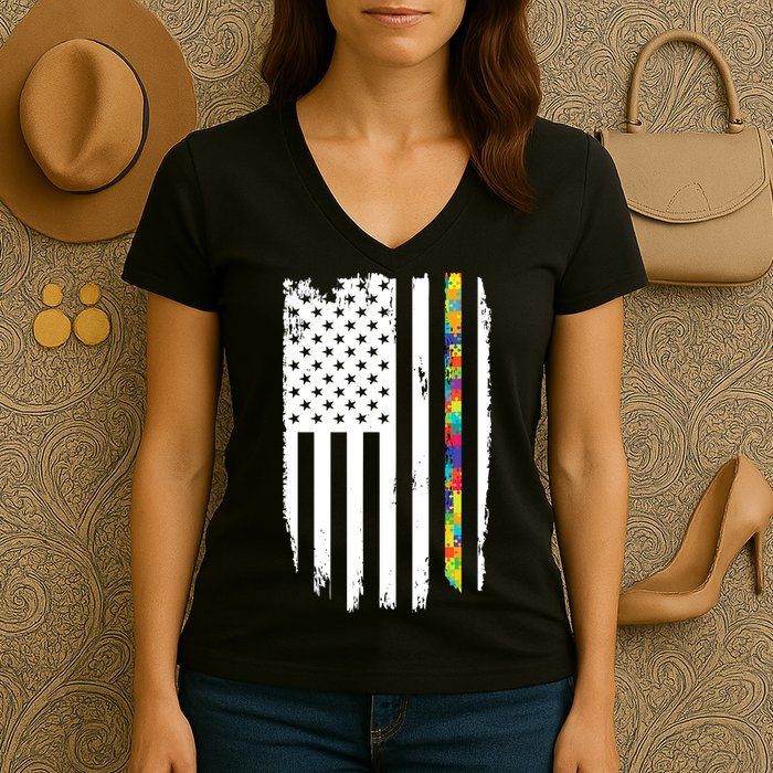 Distress Thin Puzzle Line Autism Awareness Tribute Flag Women's V-Neck T-Shirt