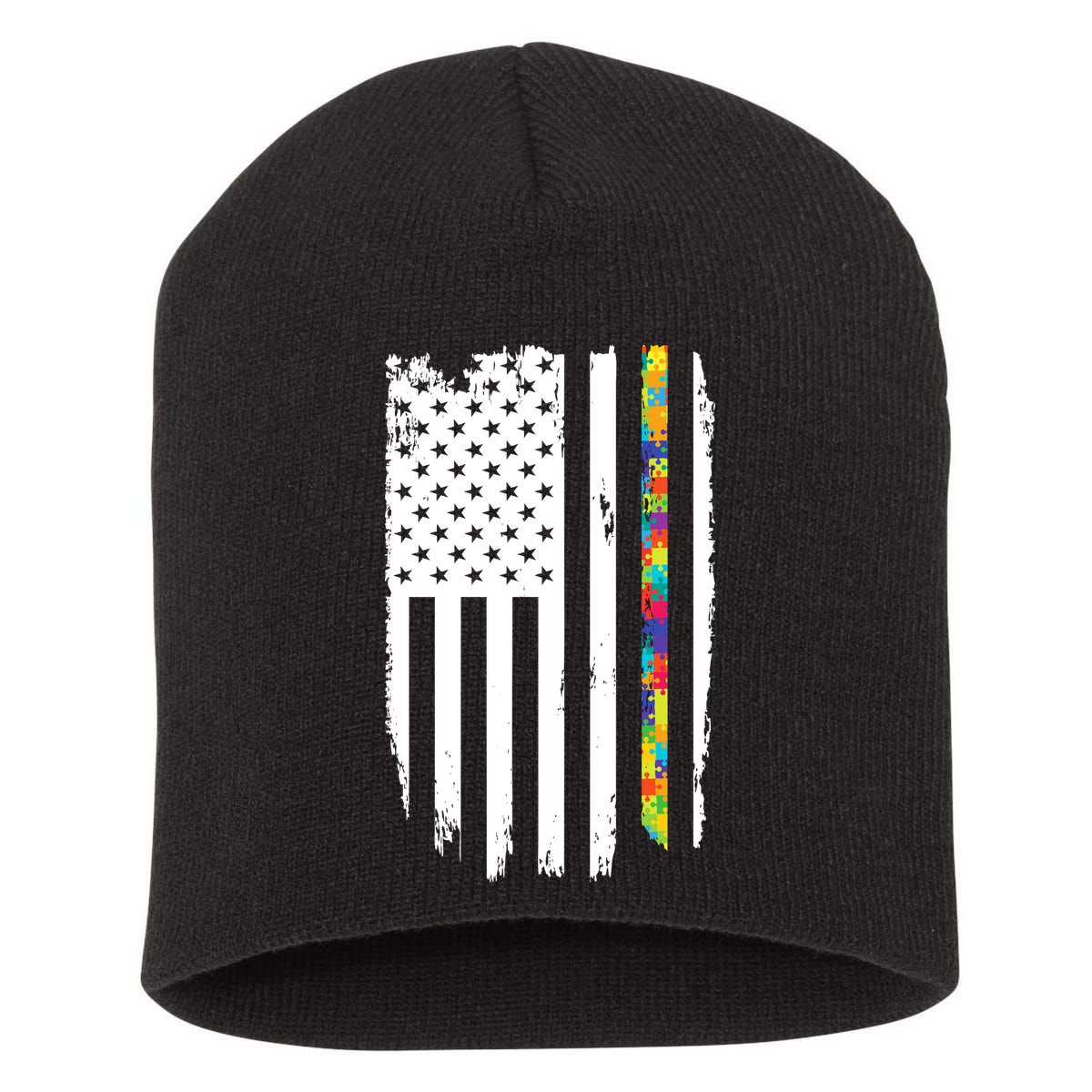 Distress Thin Puzzle Line Autism Awareness Tribute Flag Short Acrylic Beanie