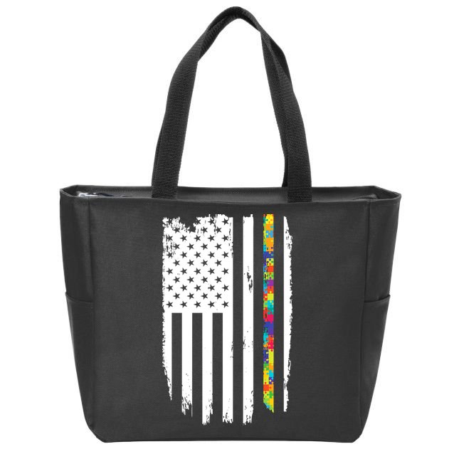 Distress Thin Puzzle Line Autism Awareness Tribute Flag Zip Tote Bag