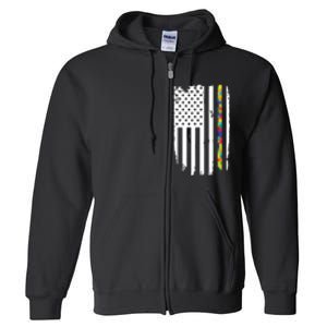 Distress Thin Puzzle Line Autism Awareness Tribute Flag Full Zip Hoodie