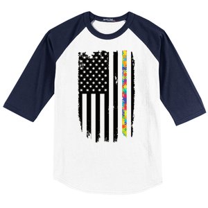 Distress Thin Puzzle Line Autism Awareness Tribute Flag Baseball Sleeve Shirt