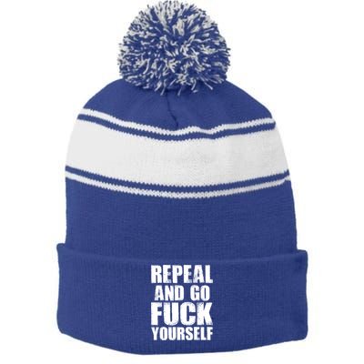 Distressed - Repeal And Go F Yourself Bold Text Stripe Pom Pom Beanie