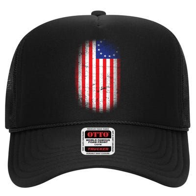 Distressed 13 Colonies Betsy Ross First American Flag High Crown Mesh Back Trucker Hat