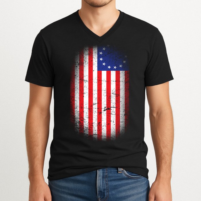 Distressed 13 Colonies Betsy Ross First American Flag V-Neck T-Shirt