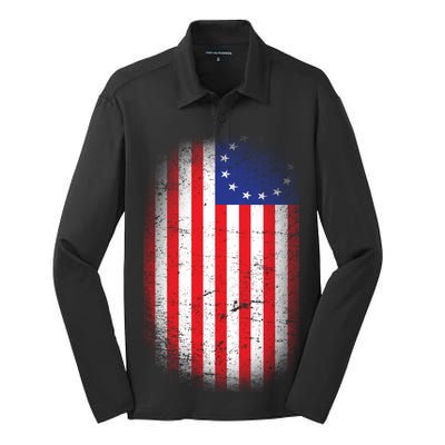 Distressed 13 Colonies Betsy Ross First American Flag Silk Touch Performance Long Sleeve Polo