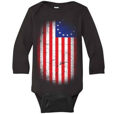 Distressed 13 Colonies Betsy Ross First American Flag Baby Long Sleeve Bodysuit