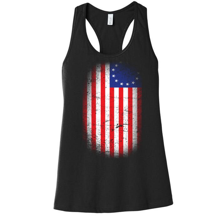 Distressed 13 Colonies Betsy Ross First American Flag Women's Racerback Tank