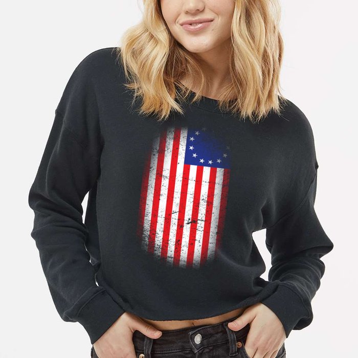 Distressed 13 Colonies Betsy Ross First American Flag Cropped Pullover Crew