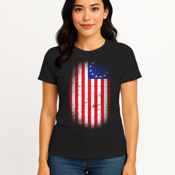 Distressed 13 Colonies Betsy Ross First American Flag Womens T-Shirt