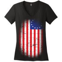 Distressed 13 Colonies Betsy Ross First American Flag Women's V-Neck T-Shirt