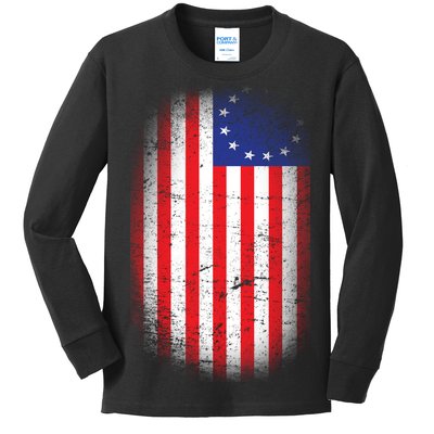 Distressed 13 Colonies Betsy Ross First American Flag Kids Long Sleeve Shirt