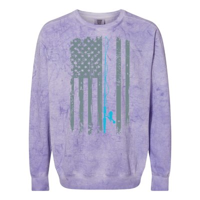 Distressed American Flag Fishing Pole Colorblast Crewneck Sweatshirt