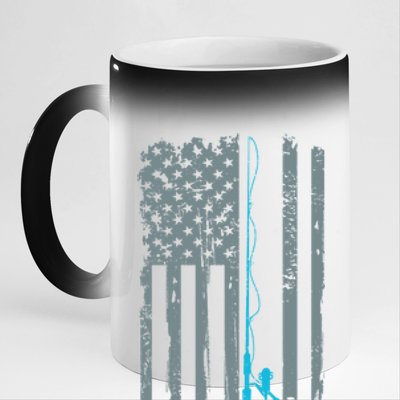 Distressed American Flag Fishing Pole 11oz Black Color Changing Mug