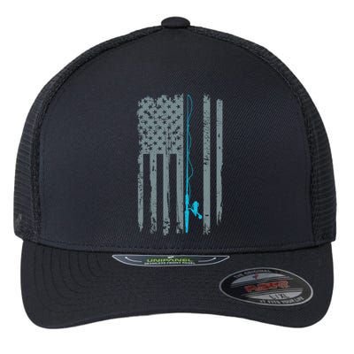 Distressed American Flag Fishing Pole Flexfit Unipanel Trucker Cap