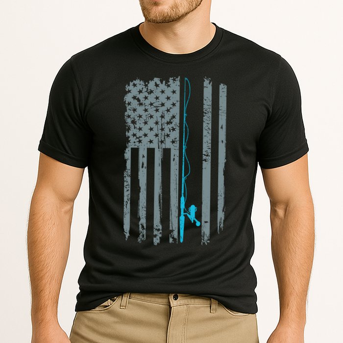 Distressed American Flag Fishing Pole Cooling Performance Crew T-Shirt