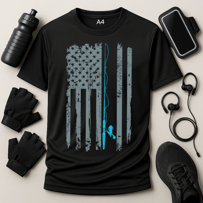 Distressed American Flag Fishing Pole Cooling Performance Crew T-Shirt