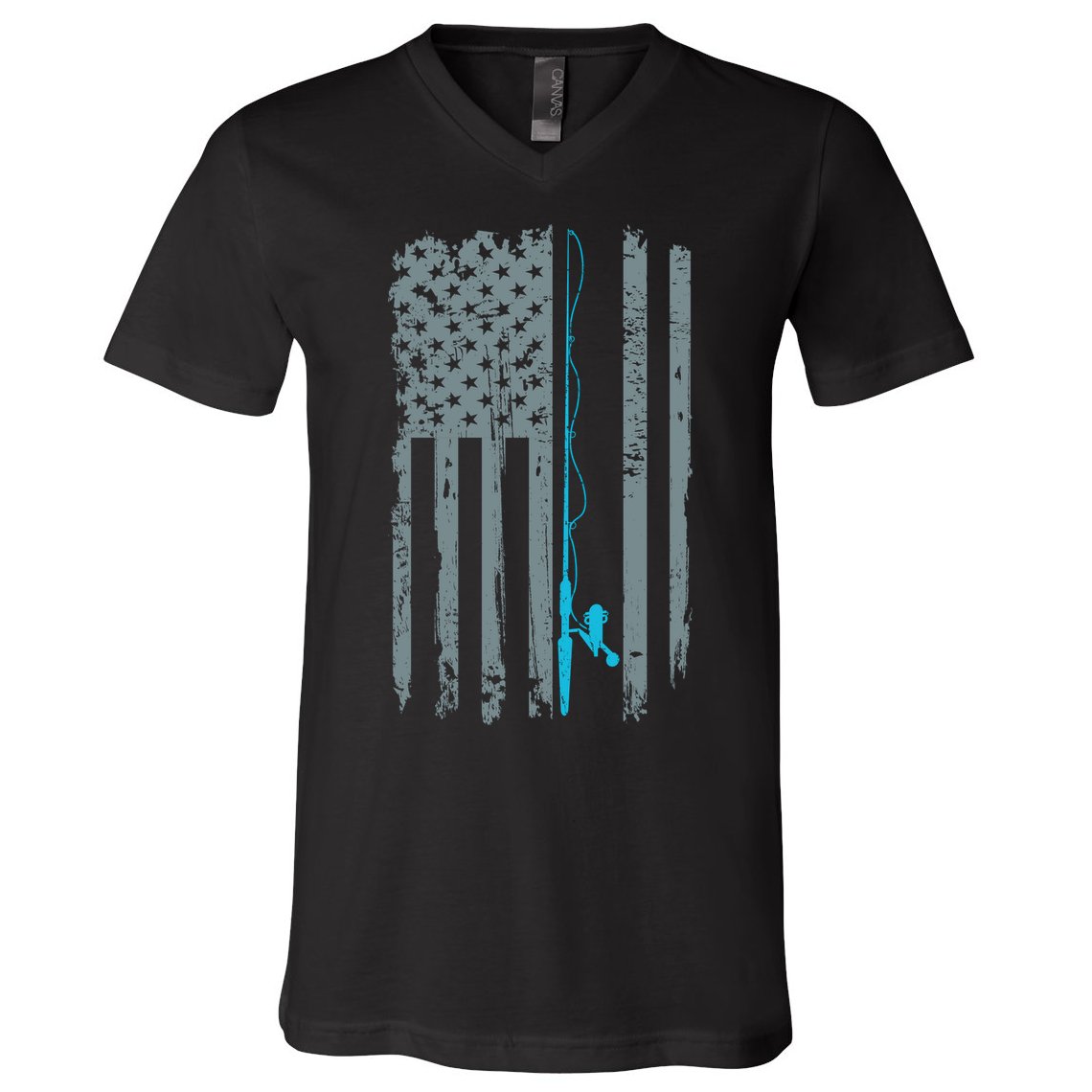 Distressed American Flag Fishing Pole V-Neck T-Shirt