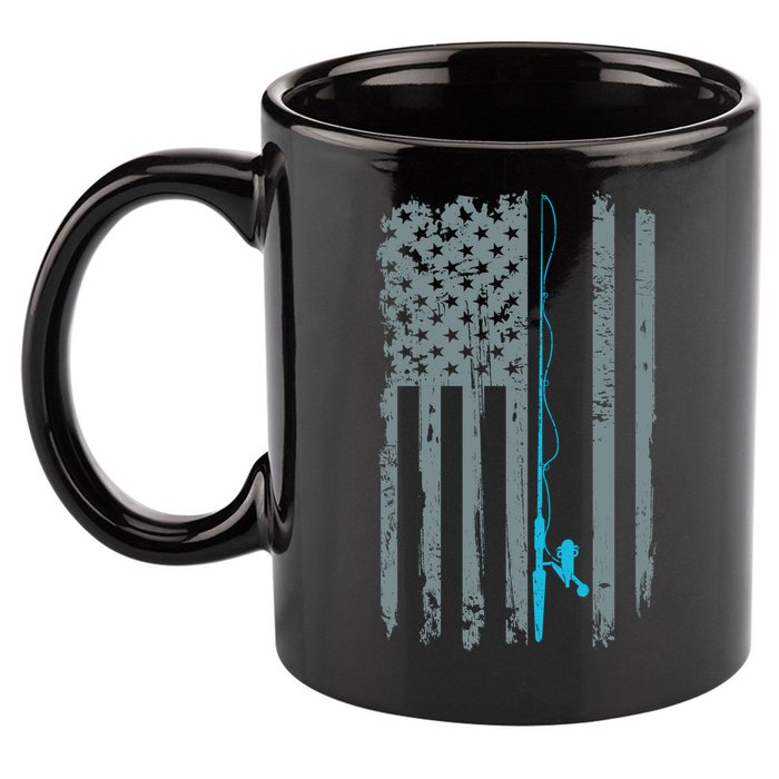 Distressed American Flag Fishing Pole 11oz C Handle Ceramic Mug