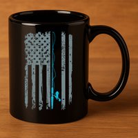 Distressed American Flag Fishing Pole 11oz C Handle Ceramic Mug
