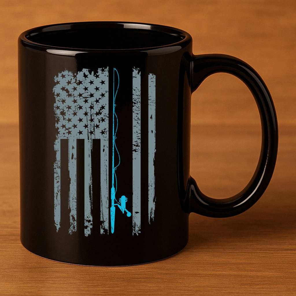Distressed American Flag Fishing Pole 11oz C Handle Ceramic Mug