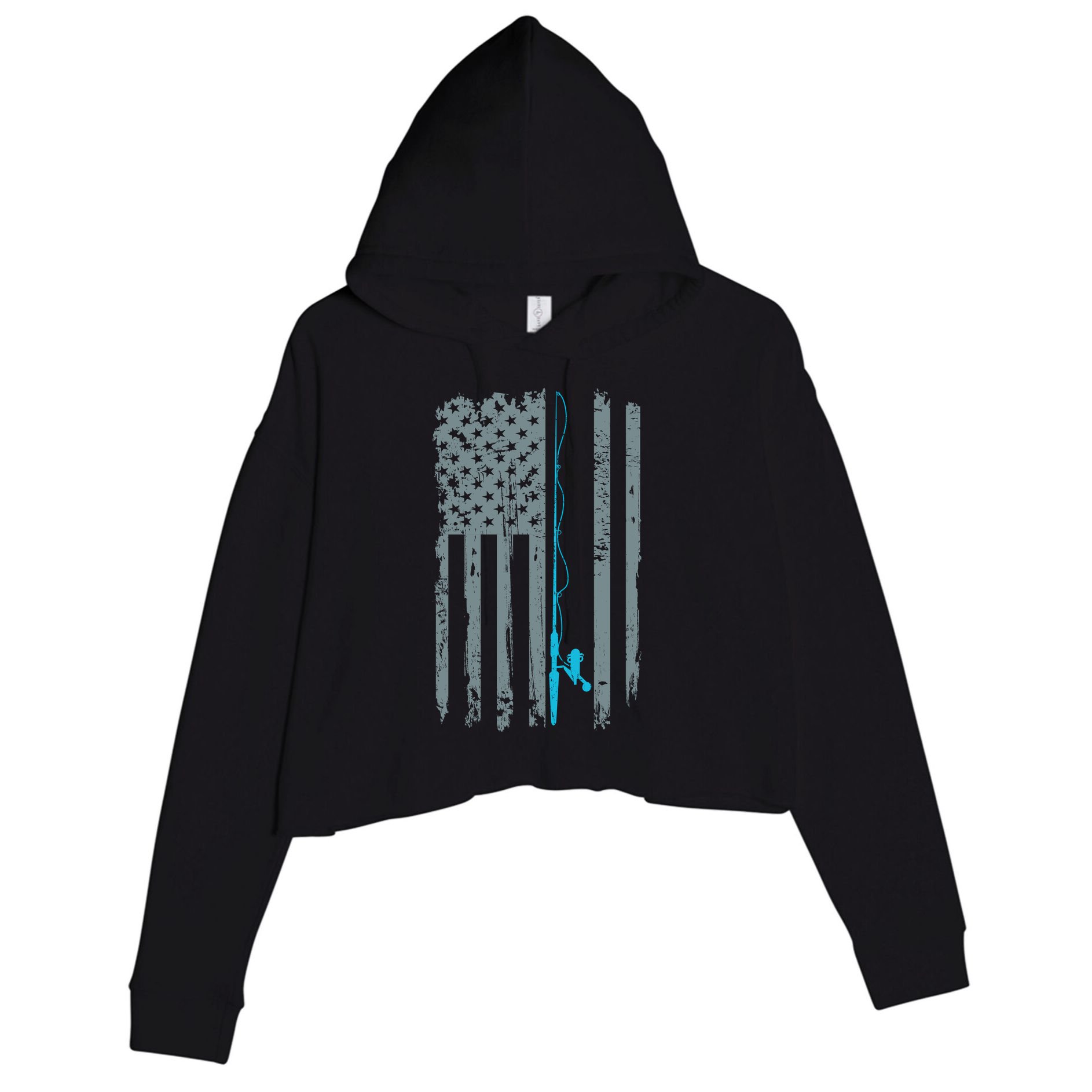 Distressed American Flag Fishing Pole Crop Fleece Hoodie