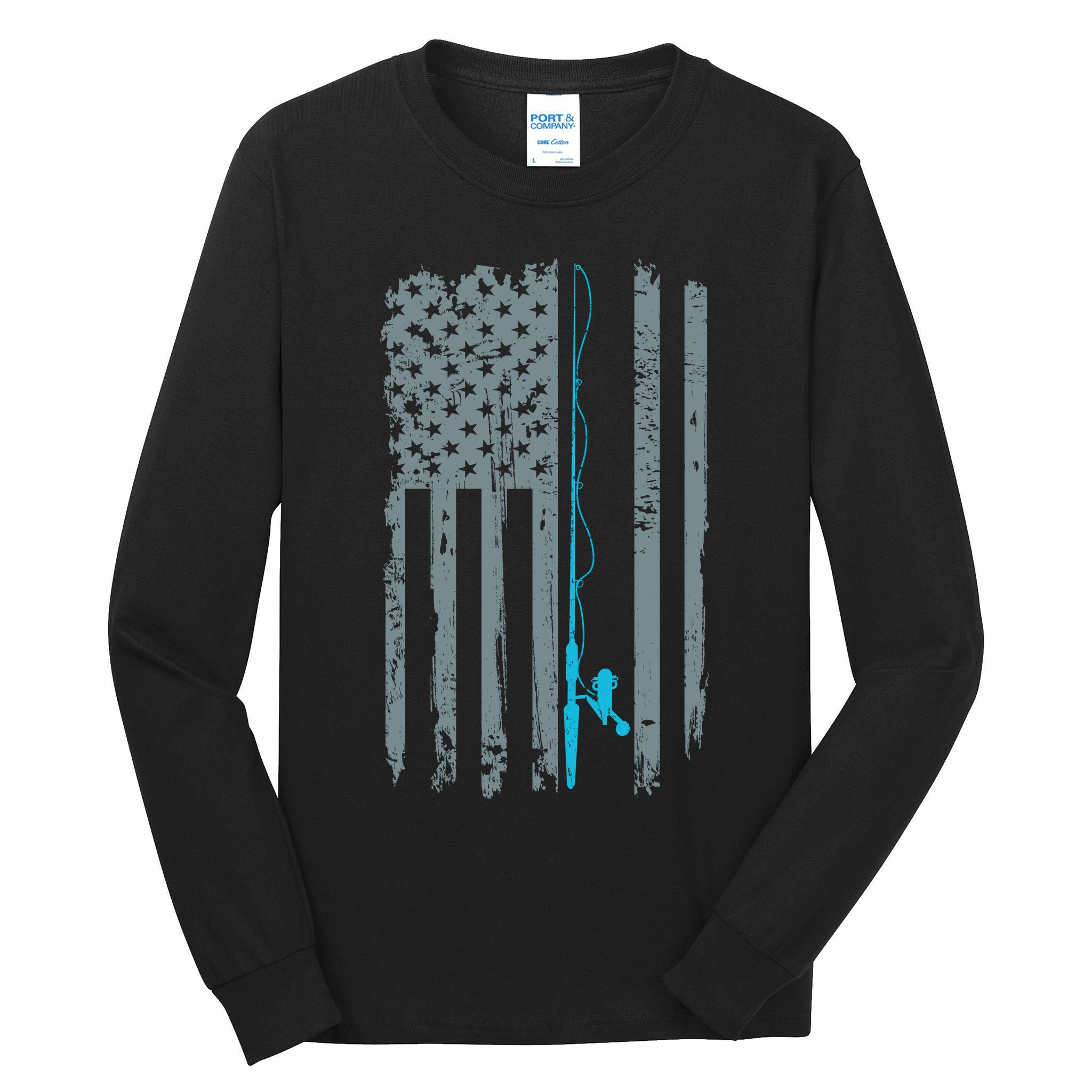 Distressed American Flag Fishing Pole Tall Long Sleeve T-Shirt