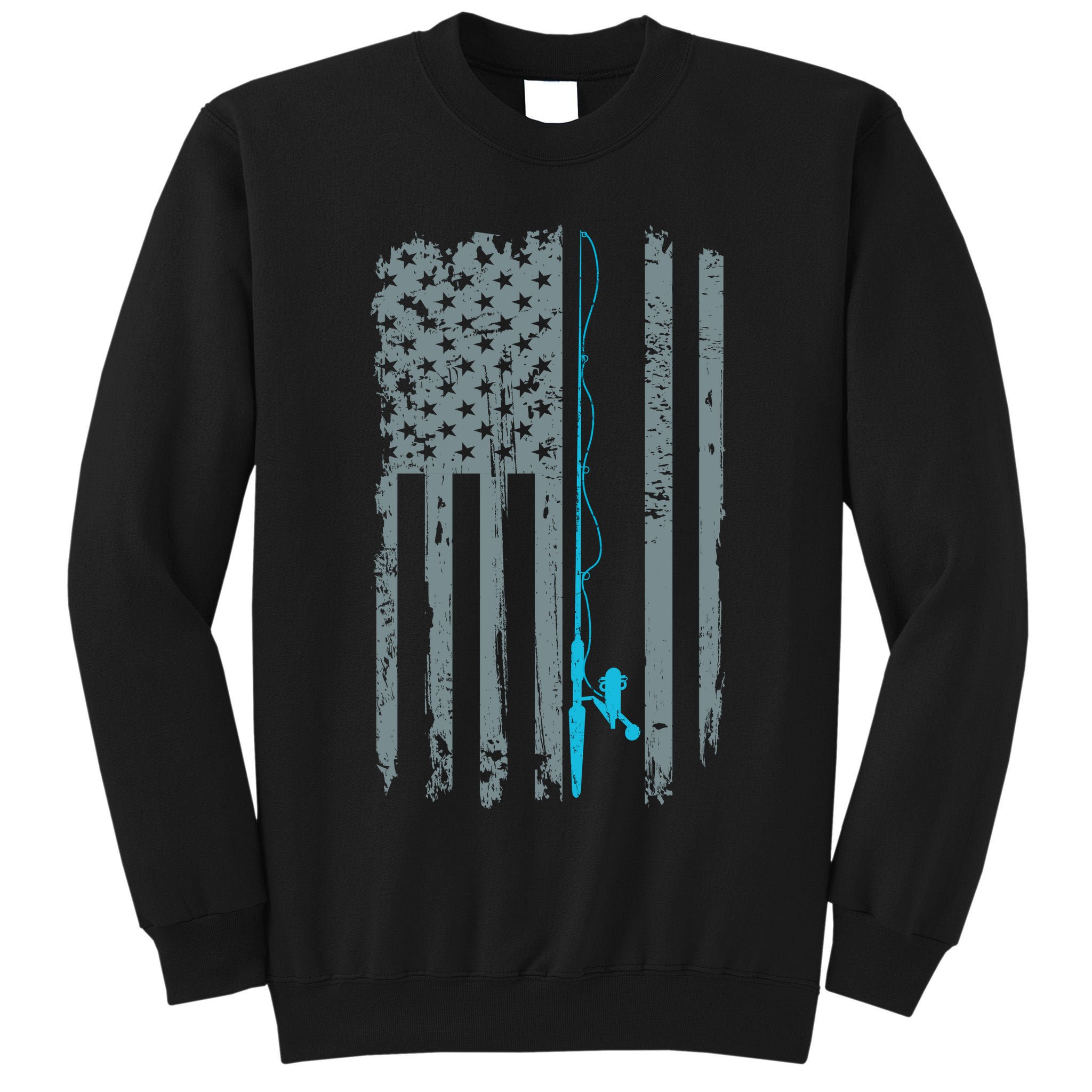 Distressed American Flag Fishing Pole Tall Sweatshirt