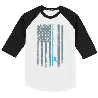 Distressed American Flag Fishing Pole Baseball Sleeve Shirt