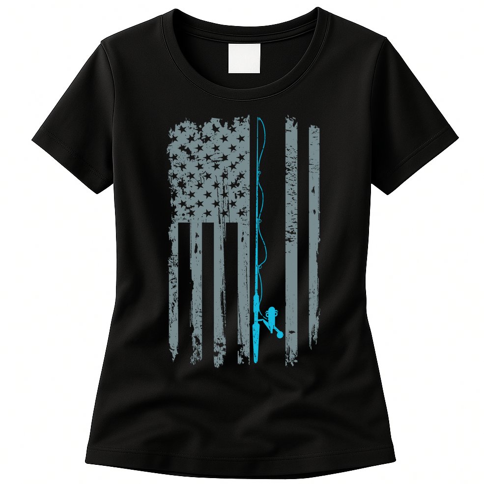 Distressed American Flag Fishing Pole Womens T-Shirt