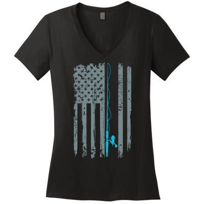 Distressed American Flag Fishing Pole Women's V-Neck T-Shirt