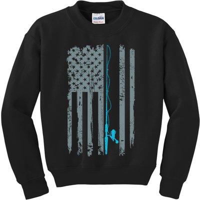 Distressed American Flag Fishing Pole Kids Sweatshirt