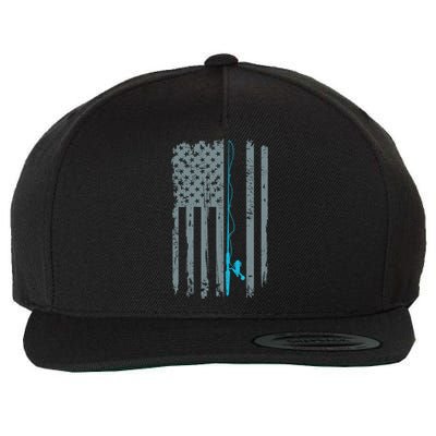 Distressed American Flag Fishing Pole Wool Snapback Cap