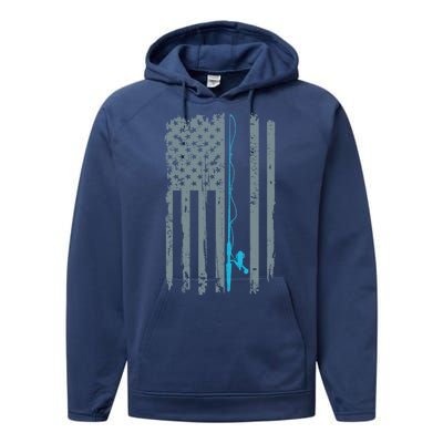 Distressed American Flag Fishing Pole Performance Fleece Hoodie