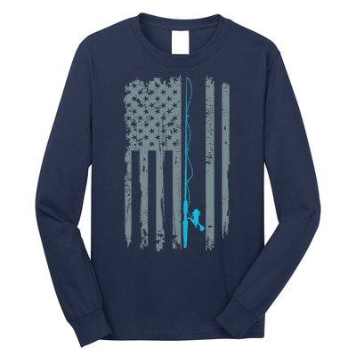 Distressed American Flag Fishing Pole Long Sleeve Shirt