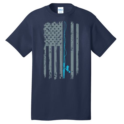 Distressed American Flag Fishing Pole Tall T-Shirt