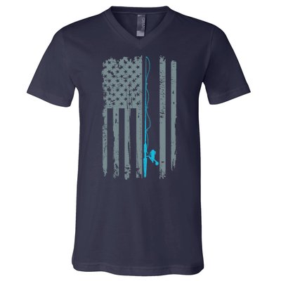 Distressed American Flag Fishing Pole V-Neck T-Shirt