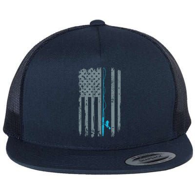 Distressed American Flag Fishing Pole Flat Bill Trucker Hat