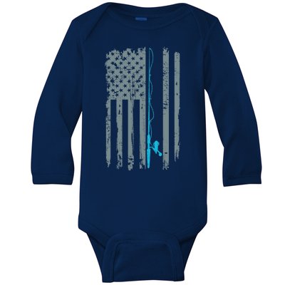 Distressed American Flag Fishing Pole Baby Long Sleeve Bodysuit