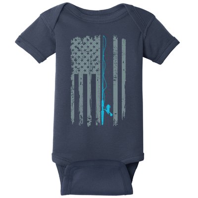 Distressed American Flag Fishing Pole Baby Bodysuit