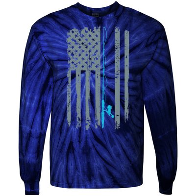 Distressed American Flag Fishing Pole Tie-Dye Long Sleeve Shirt